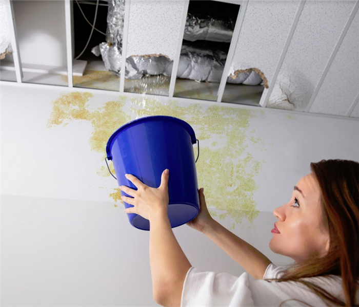 woman holding a bucket to catch water leaking from ceiling