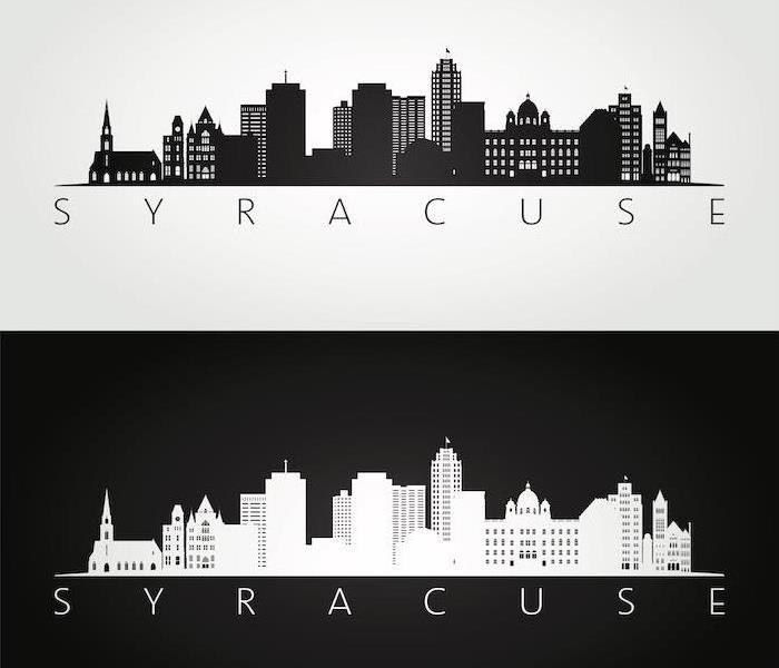 Syracuse USA skyline and landmarks silhouette, black and white design