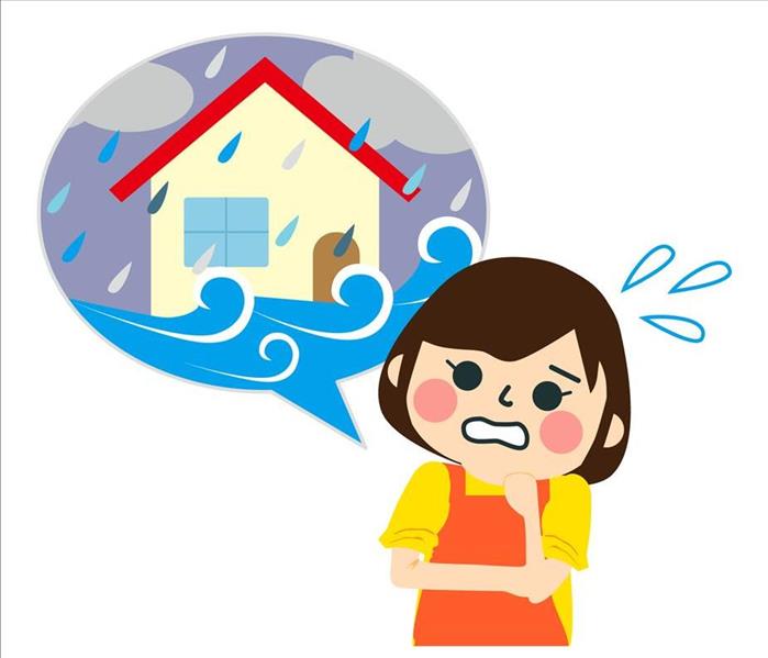 worried cartoon character with flooded house in background